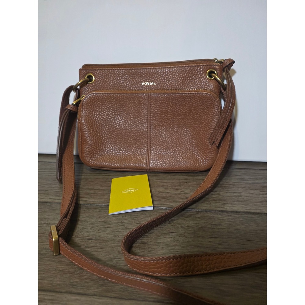 Fossil Brown Pebbled Leather Crossbody Bag Small Zip Messenger Purse